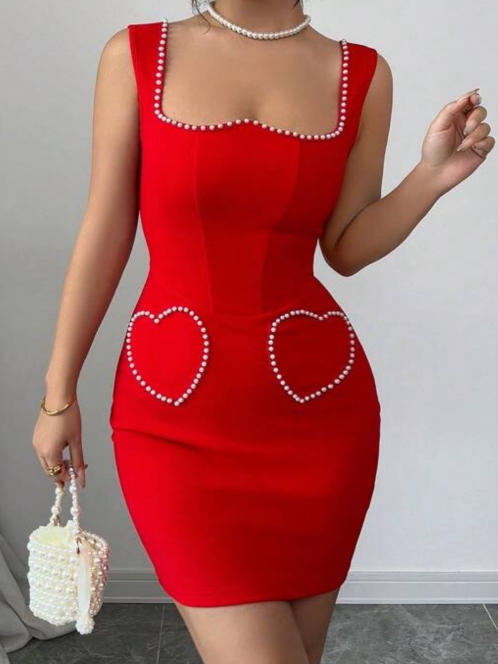 Pearl-Trim Heart Pocket Red Bodycon Dress